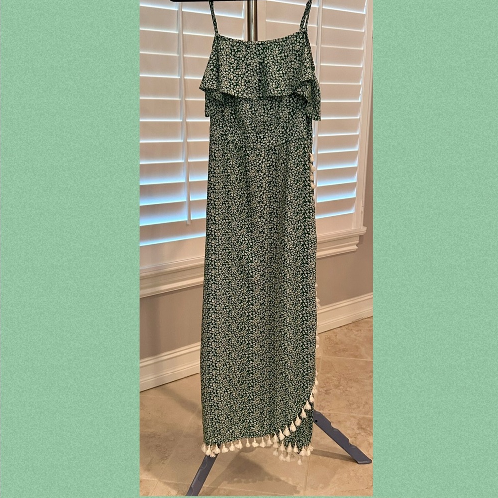 Green Floral Maxi Dress with Tassels